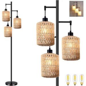Floor Lamp for Living Room,Bedroom,3-Lights Boho Rattan Tree Floor